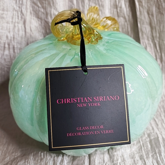 Christian Siriano Art Glass Spun Gold Stalk Pumpkin Fall Green Jadeite Gold NWT - Picture 6 of 14